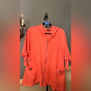 For Cynthia Vibrant Coral Jacket Linen zip-up hood button details medium